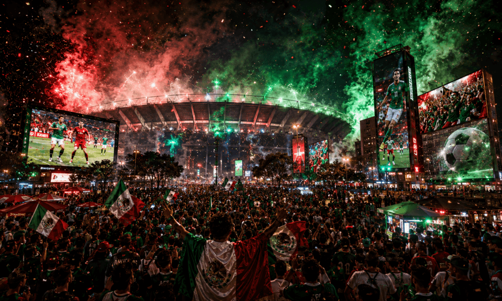 Multitud celebrando afuera de un estadio durante el Mundial 2026, con pantallas gigantes, publicidad exterior, humo tricolor y ambiente urbano.