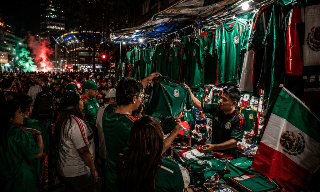 Multitud celebrando afuera de un estadio durante el Mundial 2026, con pantallas gigantes, publicidad exterior, humo tricolor y ambiente urbano.