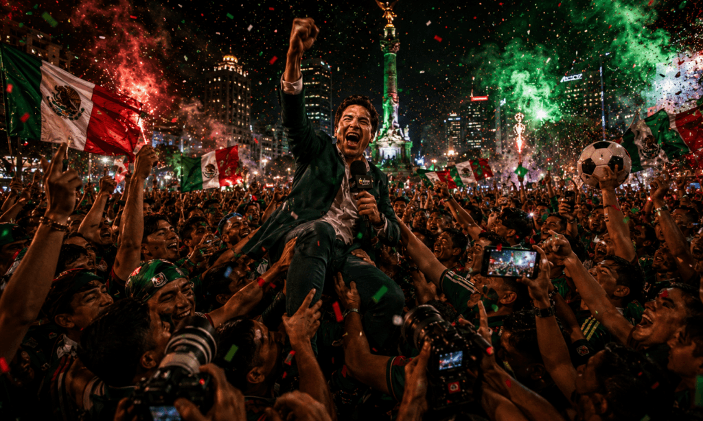 Reportero siendo levantado por una multitud durante una celebración mundialista con banderas mexicanas, cámaras, celulares y confeti.
