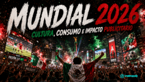 Arte editorial del Mundial 2026 con multitud celebrando en una ciudad llena de pantallas, publicidad exterior y ambiente futbolero.