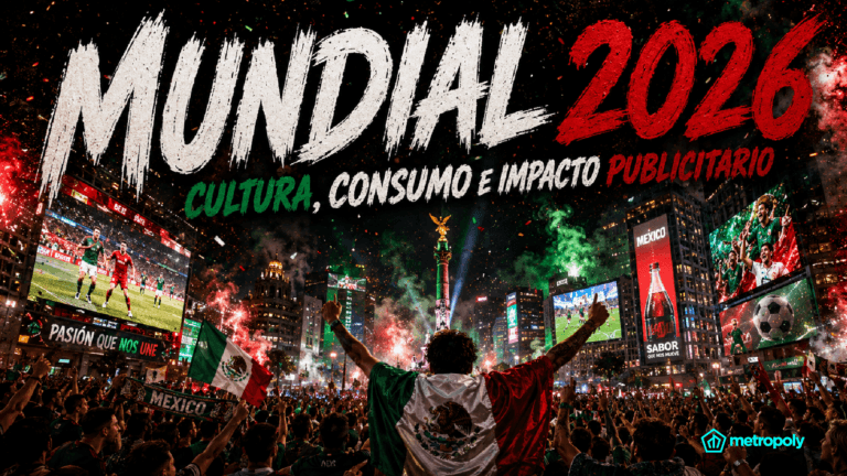 Arte editorial del Mundial 2026 con multitud celebrando en una ciudad llena de pantallas, publicidad exterior y ambiente futbolero.